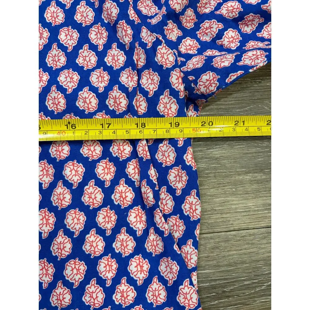 J. Crew Blue Pink Paisley Floral Tunic Top Large Boho Split Neck 3/4 Sleeve